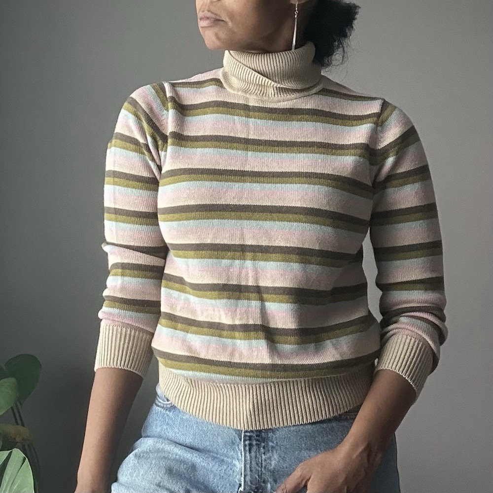 METERS/BONWE Turtleneck Sweater Women's Size S Striped Tan Pink Wool Blend